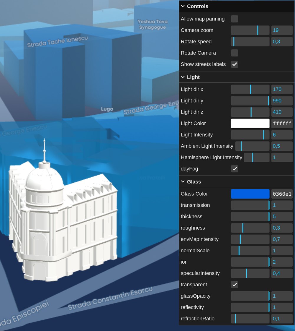 Behind the scenes: light and glass material tuning for the surrounding buildings, set per landmark.